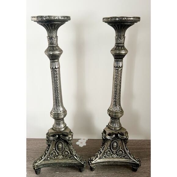 VINTAGE Silver Tone Metal Ornate Idol Ritual Candle Stick Pair 18" Tall INDIA - Picture 1 of 11